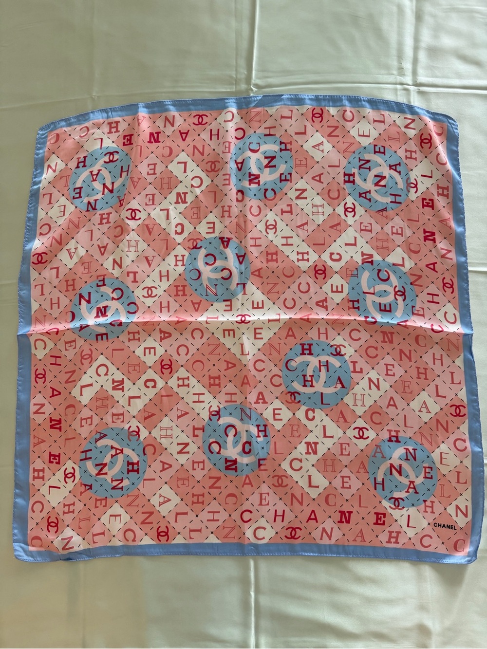 CHANEL Silk Satin Scarf pink blue color